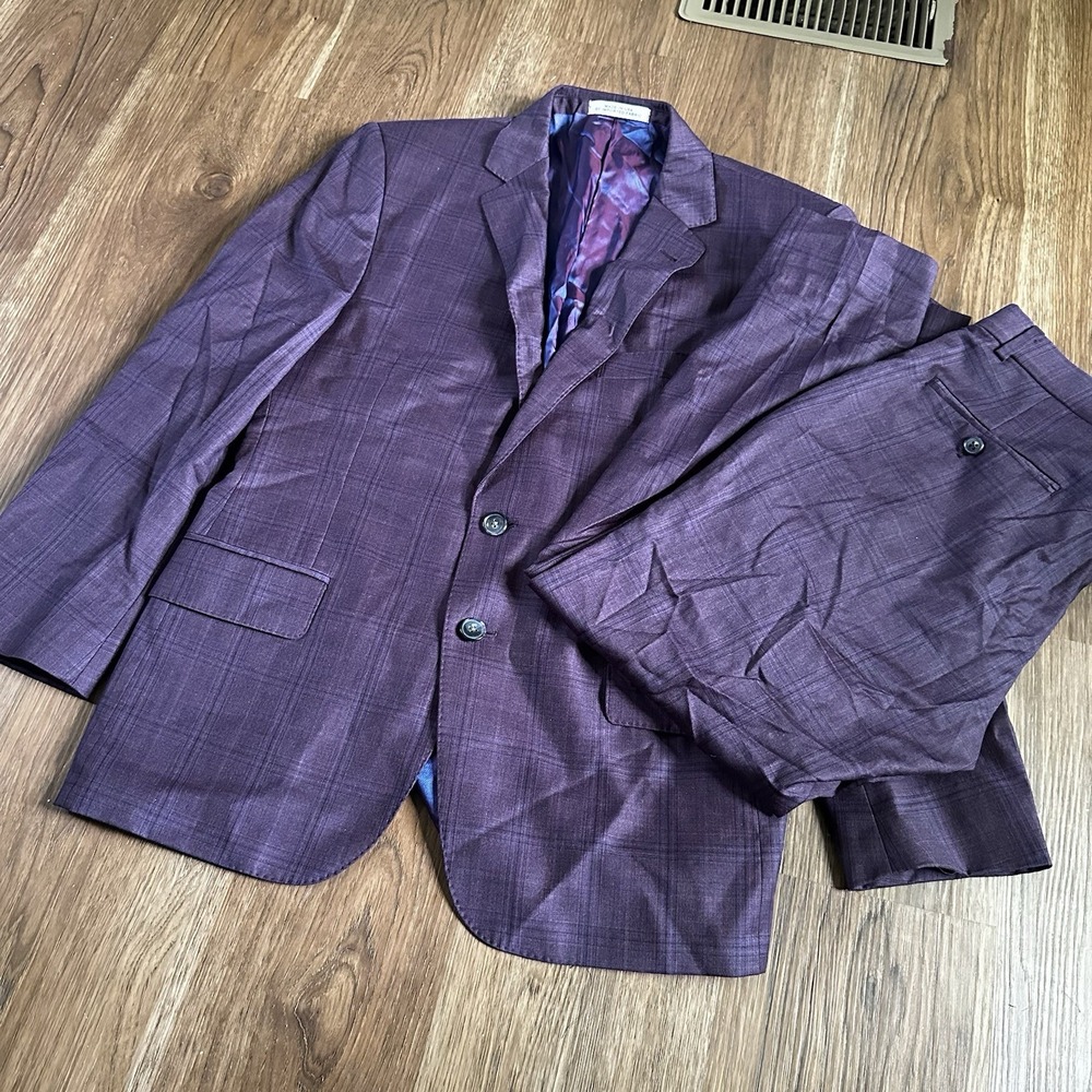 Joseph Abboud JOE Men's 2Pc Suit 42S Burgundy Plaid 100% Wool Pants 32.50S Union